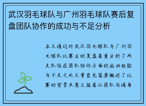 武汉羽毛球队与广州羽毛球队赛后复盘团队协作的成功与不足分析