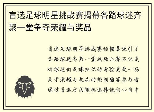 盲选足球明星挑战赛揭幕各路球迷齐聚一堂争夺荣耀与奖品